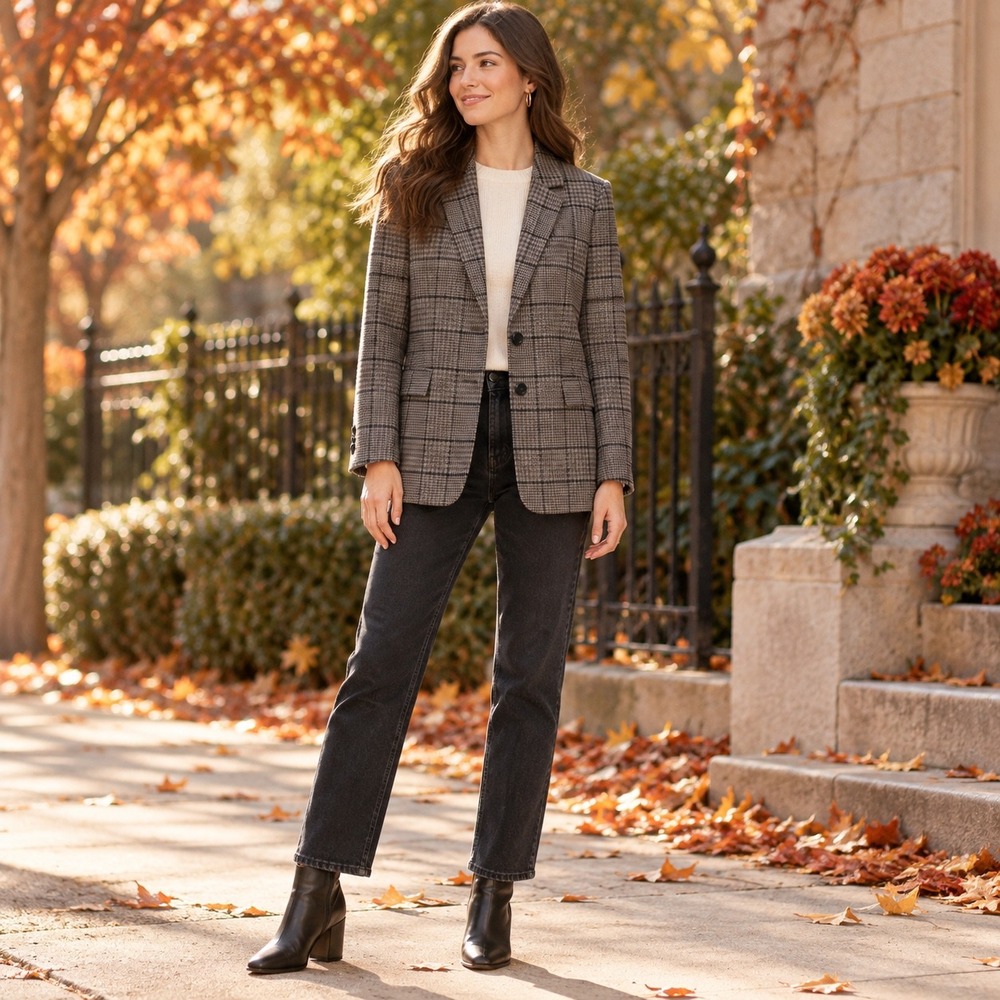 Everlane Wool Plaid Blazer Size 4 Gray Brown Glen Check Two Button Jacket